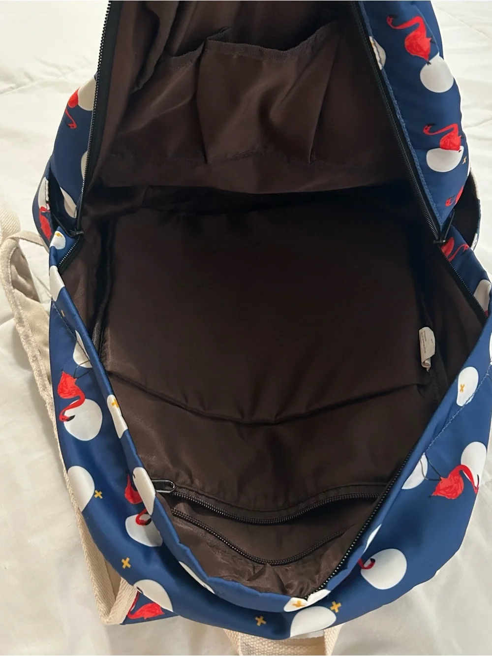 Navy Blue Backpack Polka Dots Flamingo Book Bag 16” Multi Compartment